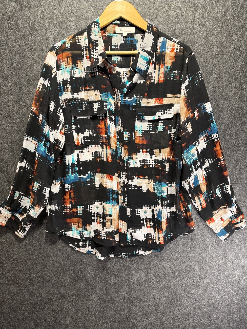Two By Vince Camuto Button-Front sheer  Blouse in Black and Teal